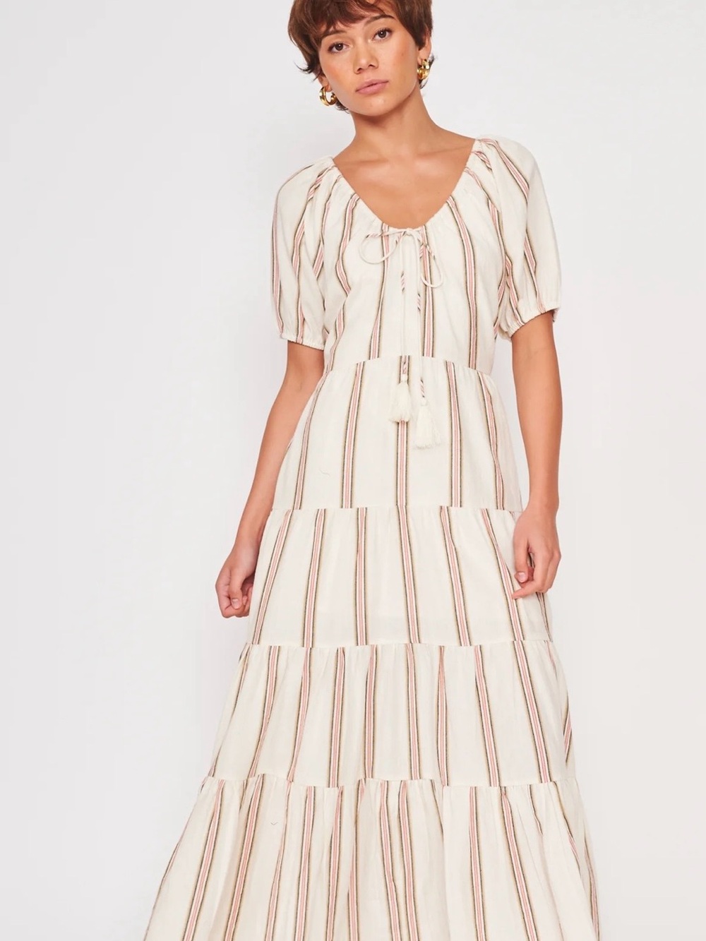 dRA Ayana Cream Striped Tiered Maxi Dress with Tassel Tie XS NWT